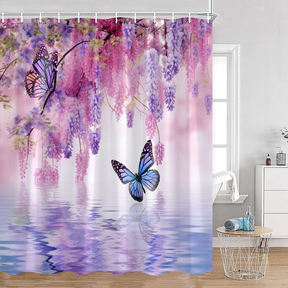 Purple Flowers Shower Curtains Wisteria Lavender Butterfly Birds Pirple Floral Bathroom Decorations Modern Elegant Bath Curtain