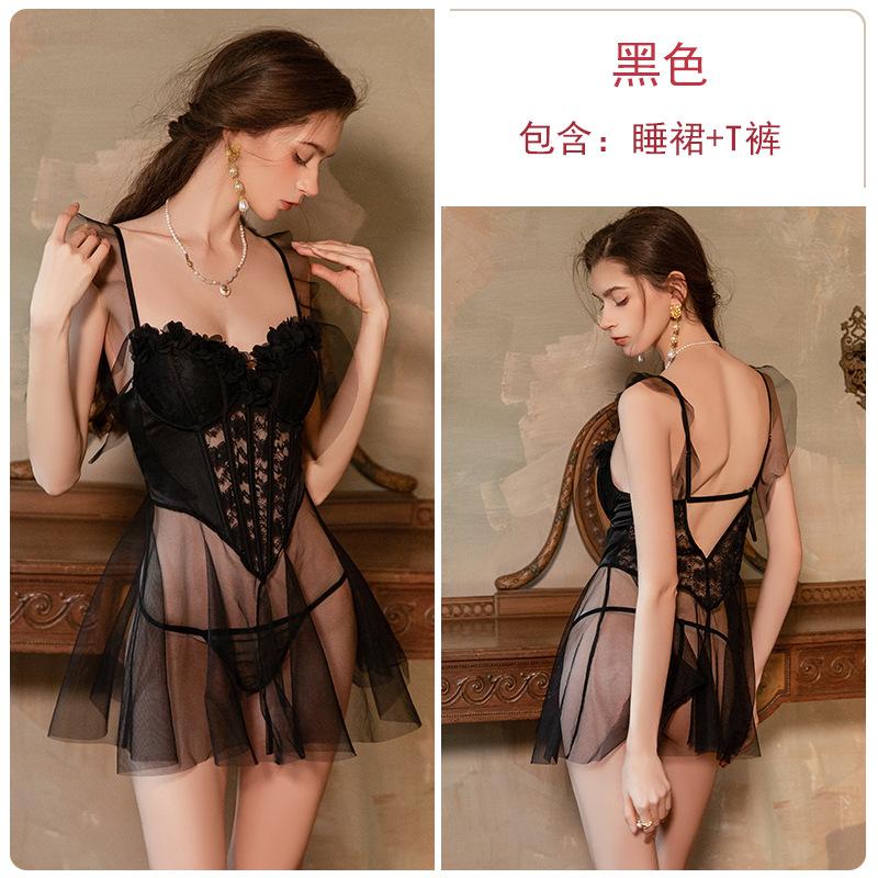 Sex Underwear Sexy Low Chest Plus Chest Pad Perspective Mesh Lace Corset Backless Nightdress Set A