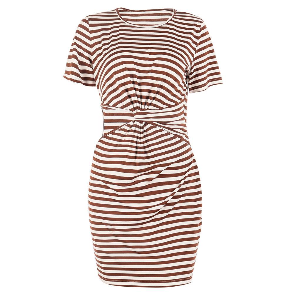 GMXIA Damenmode Sommer Frühling Einfarbig Streifenmuster Kurzarm O-Ausschnitt Hohe Taille Lässige Kleider