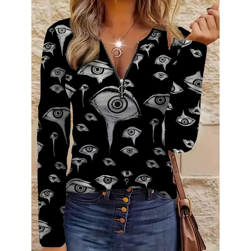 Elegant casual comfortable style painting eye elements printed pattern code women s round neck zipper long sleeves S