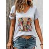 Retro Paisley Texture Animal Elephant Print Women's Summer Elegant Comfortable, Breathable V-Neck Short Sleeved Casual T-Shirt