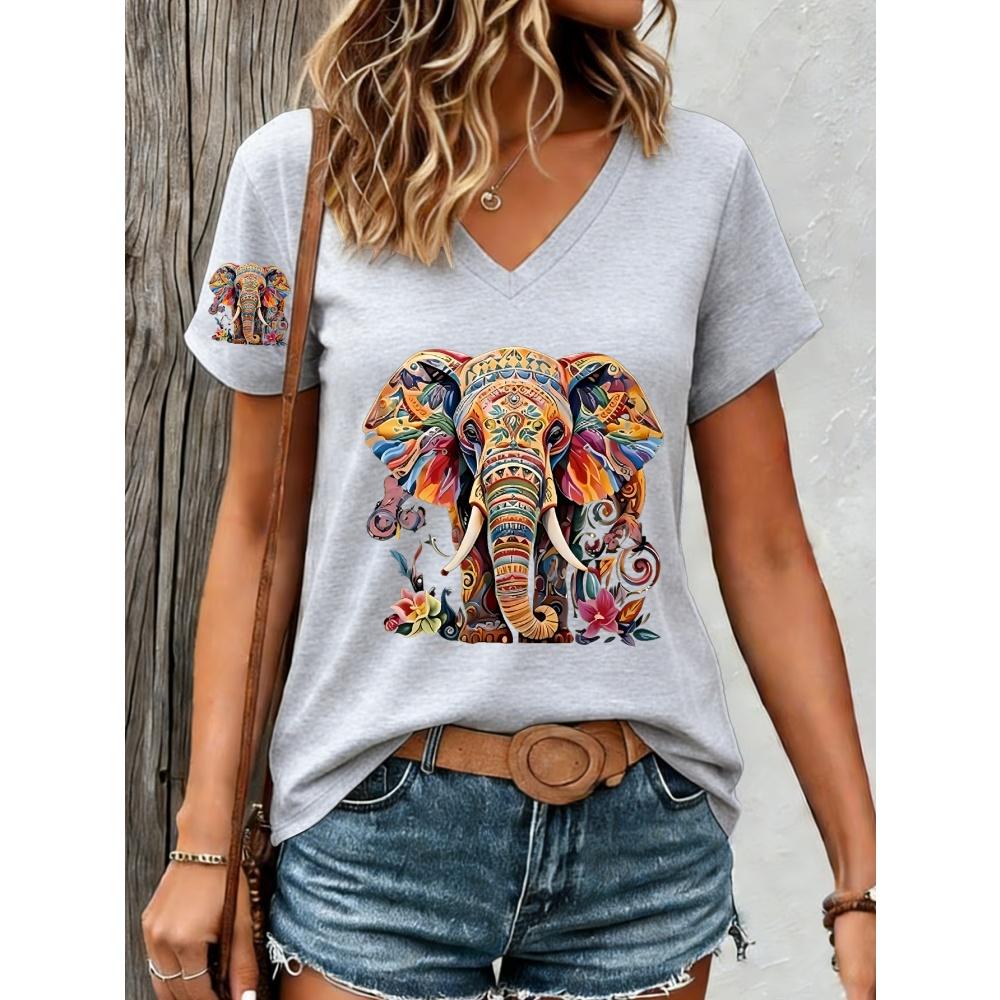 Retro Paisley Texture Animal Elephant Print Women's Summer Elegant Comfortable, Breathable V-Neck Short Sleeved Casual T-Shirt