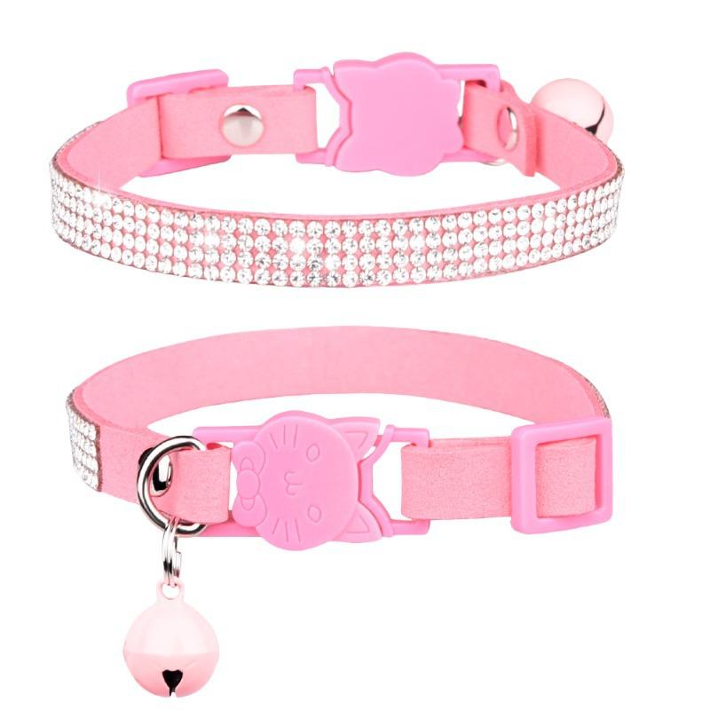Pet Collar Shiny Rhinestone Color Anti-bridle Suede Soft and Comfortable Bell Style Cat Leash Collar