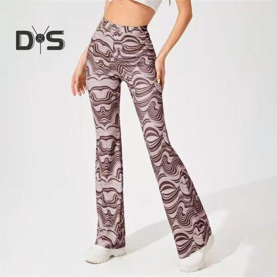 Women Yoga Pants High Waist Water Wave Striped Print Casual Trousers Running Cycling Flared Leggings Loungewear