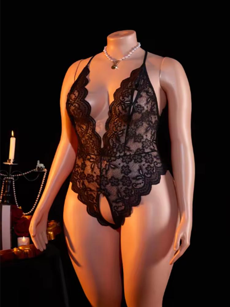 Sexy Crotchless Lingerie Women Lace Hollow Bodysuit Erotic Pajamas Teddy Babydoll Dress Deep V Open Bra Underwear Set Plus Size