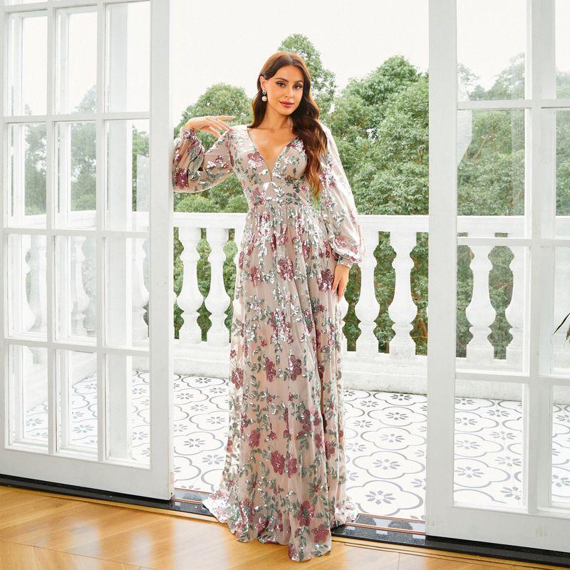 

Plus Size Dress, Elegant Long-Sleeve Sequin Evening Gown, Bridesmaid Dress, Dress Apricot color XS