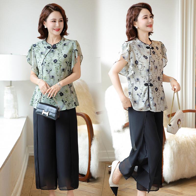 Elegant Summer Dress Set: Stylish Two-Piece with Short-Sleeved Shirt for Mid-Aged Women, New Chinese Style