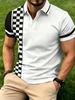 New Men's Polo Shirt with Black and White Checkerboard Color-block Print, Suitable for Casual Sports and Daily Commutes, Cool and Comfortable, a
