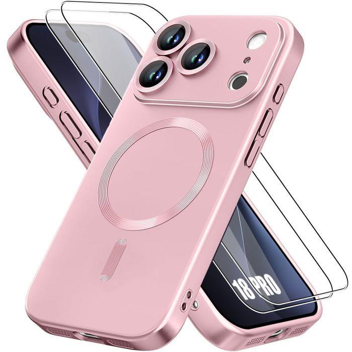 Case + 2 Tempered Glasses for iPhone 18 Pro, Anti-Scratch Silicone with Magnetic Ring - Pink