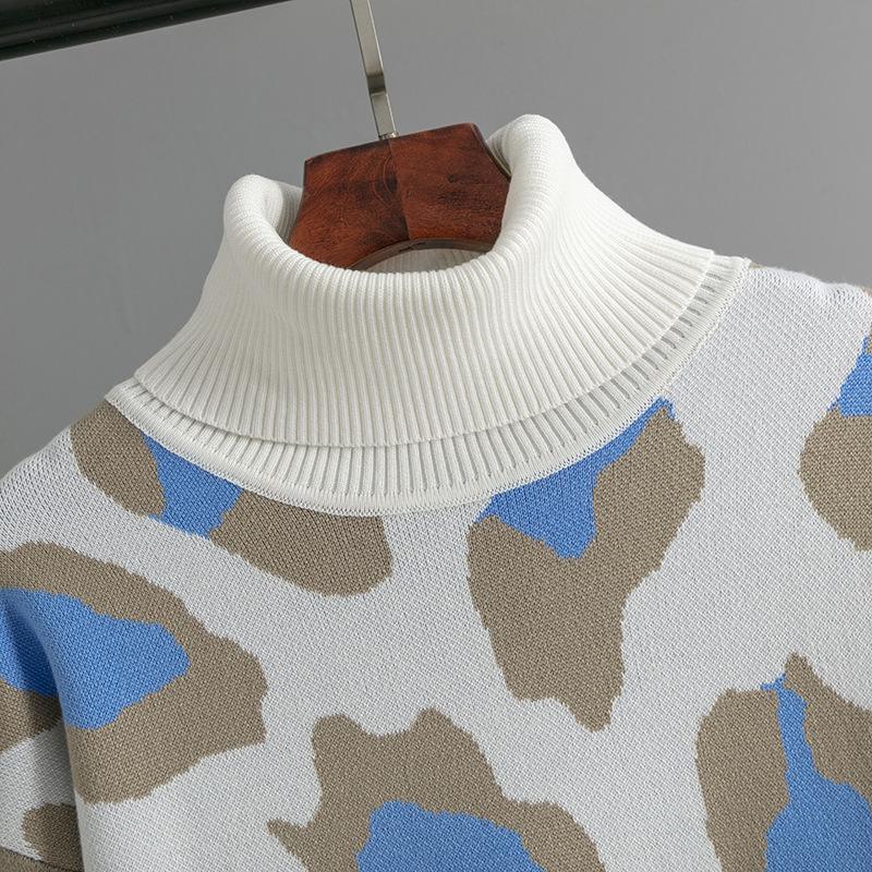 Høst Vinter Kvinner Lang Høy Krage Bunn Strikke Kjole Leopard Print