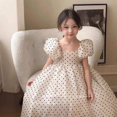 2026 Summer Girls' Polka Dot Pearlescent Puff Sleeve Princess Dress
