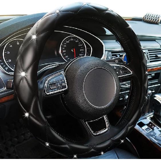 Xizopucy Black Gold Leather Bling Steering Wheel Cover, Anti-Slip Steering Wheel Protector With Crystal Rhinestones, Bling Steering Wheel Cover For чёрный
