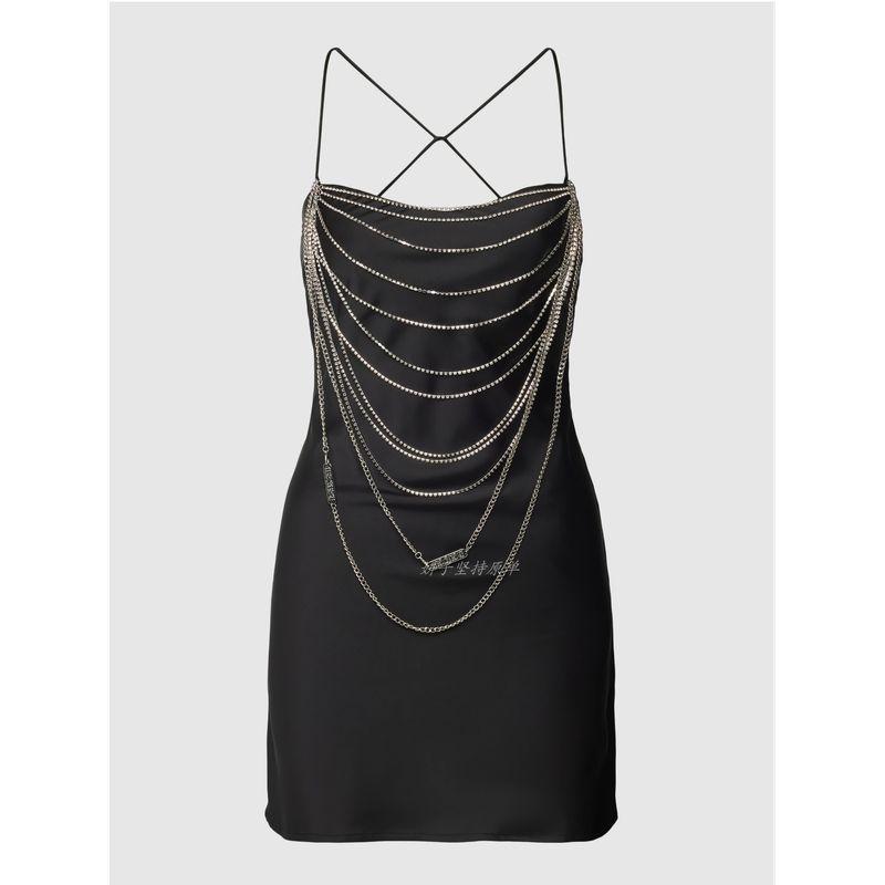 

Yanzi Export ~ GNO Оригинальное Средне-Тяжелое Промышленное Цепное Платье-Слинг с Перекрестной Спинкой Мини из Скользкого Материала Женское Black multi-chain Dress XL
