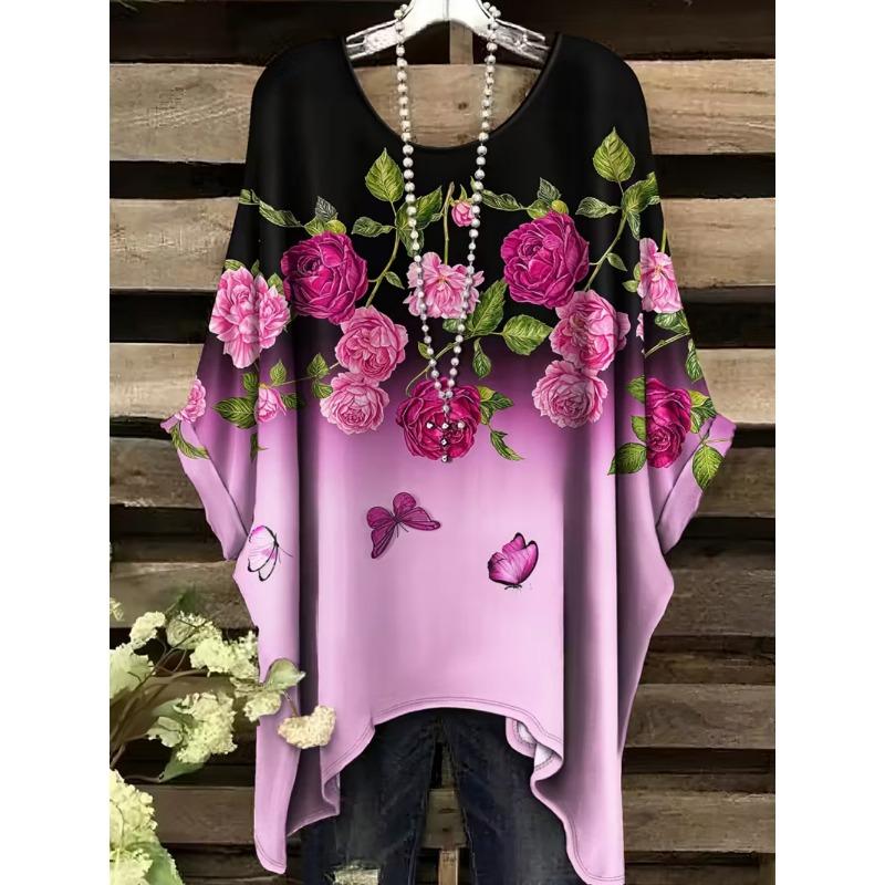 Bohemian Chic Women's T-Shirt Vintage Floral Graphic O-Neck Pullover Short Sleeve Tees Oversized Irregular Hemline  Clothes