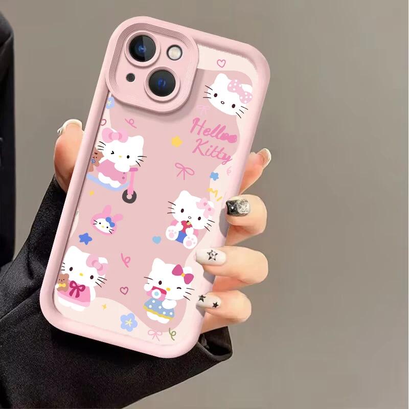 Pink Cartoon Hello Kitty Phone Case For Iphone 17 16 Pro Max 17 Air 16e 15 14 13 12 11 Pro Max 14 15 16 Plus INS Silicone Cover