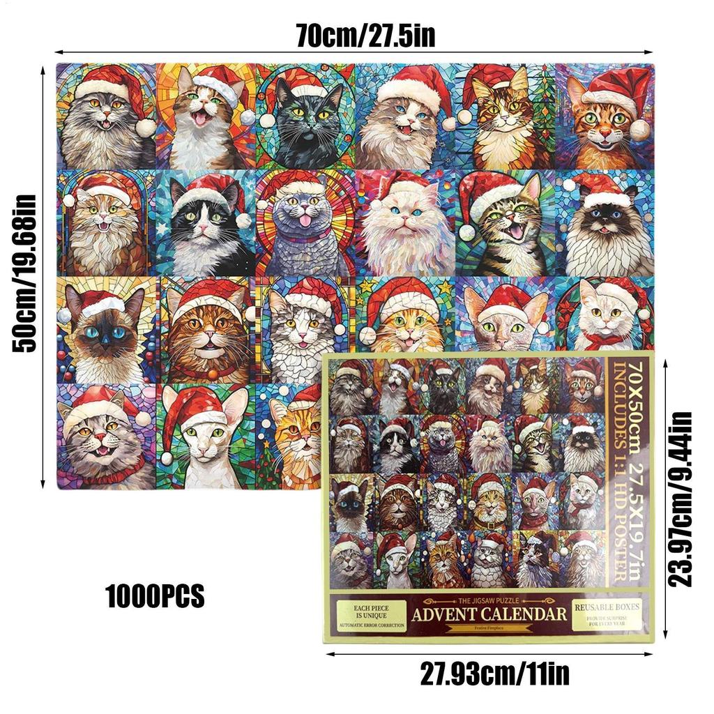 Christmas Advent Calendar Jigsaw Puzzle 1000 Pieces Cat Animal Puzzle 24 Days Countdown Toy Family Home Holiday Party Favors