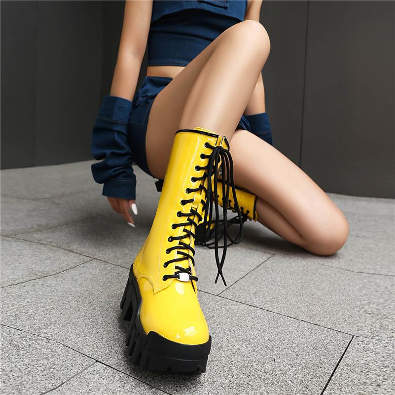 Meotina Women Ankle Boots Round Toe Chunky High Heels Lace-up Zipper Platform Short Boots Ladies Fashion Shoes Winter Yellow 44