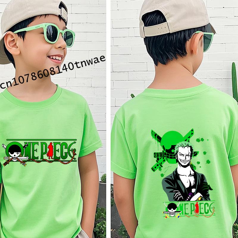 One Piece Roronoa Zoro Anime Kleidung Kinder T-Shirt Baumwolle Kurzarm Grün Cartoon Oberteil für Jungen