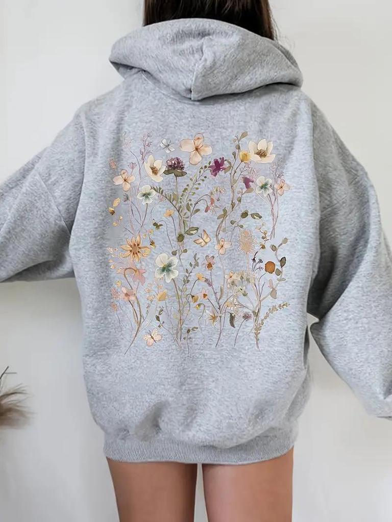 2025 Trendy Floral Print Casual Loose Pullover Plus Size Hoodie Sweater