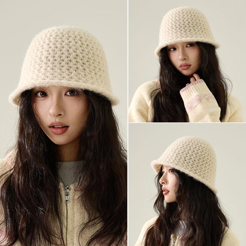 Autumn Winter Knitted Bucket Hat Women's Curling Imitation Hand Hook Hollow Fisherman Hat Warm Ear Protection Basin Hat