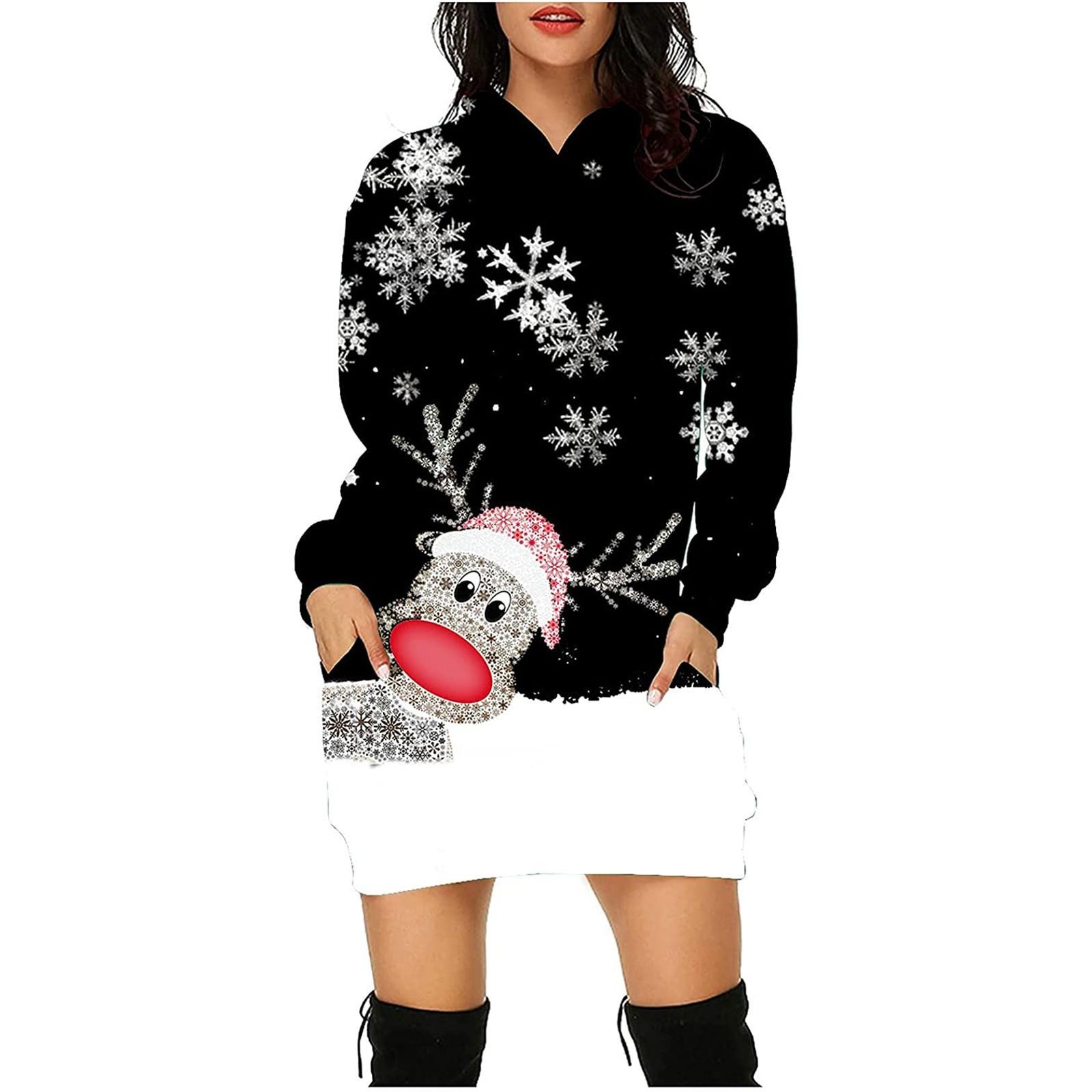 

(проектор)Модное повседневное женское платье-пуловер с длинным рукавом с рождественским принтом и капюшоном XXXL белый