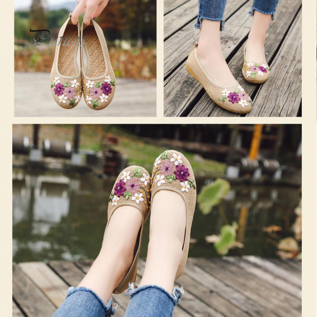 Vintage bestickte Damen-Flats, Blumen-Slipper, runde Zehenschuhe, Slipper, Ballerinas