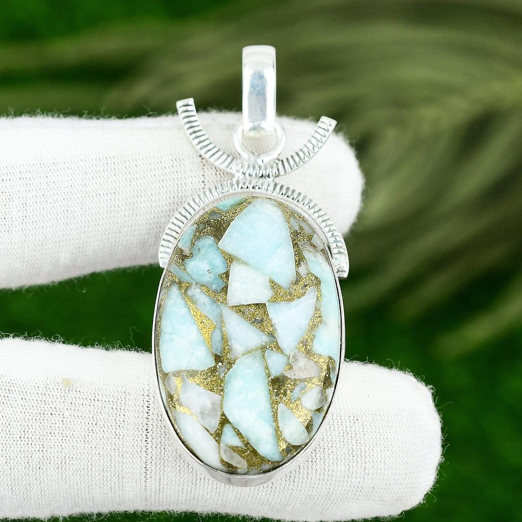 Natural Copper Amazonite Gemstone Jewelry 925 Sterling Silver Pendant For Women