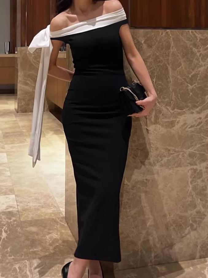 European-American Elegant One-Shoulder Ribbon Sleeveless Slim Fit Dress for Spring & Summer