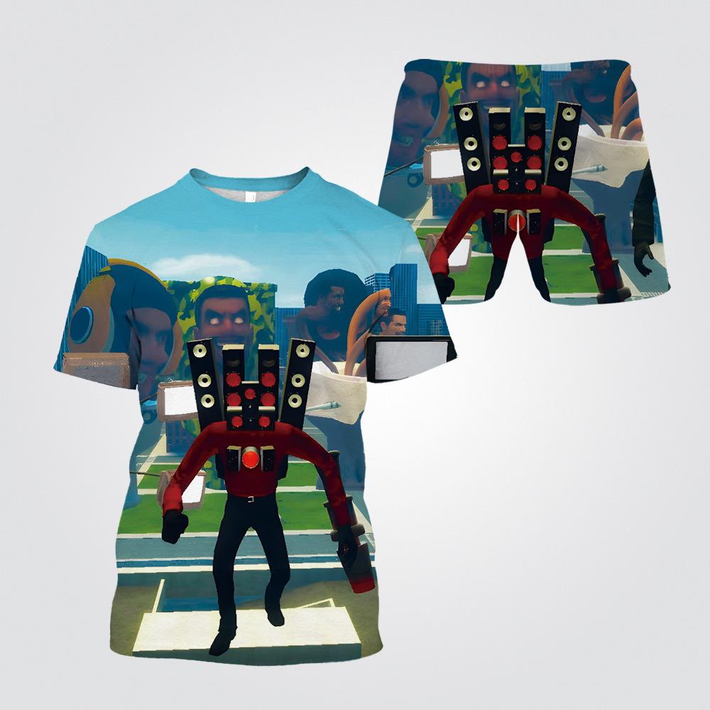 Summer Round Neck 3D Cartoon Toilet Person Vs. Monitoring Person Printed Set Fashionable and Casual Short Sleeved Shorts Children's Boy Clothing Sets