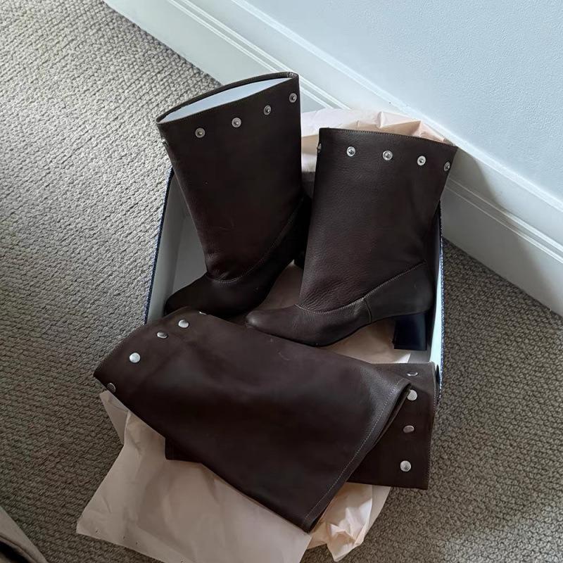 Cowhide~ Two Wear High Boots Female Knight Boots Autumn and Winter Round Head Splicing Thick Heel Sleeve Stacking Boots But Knee Rivets