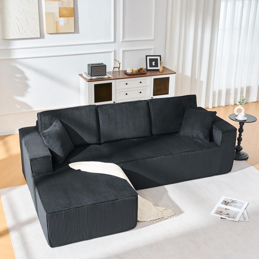 Fully Compressed L-shaped Corduroy Sofa, 2-person Seating Group + Chaise Longue Corner, Soft High-density Foam Padding, for Living Room, Black