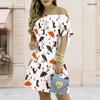 Women Plus Size White Off Shoulder Short Sleeve Tie Cuff Printed A Line Dress