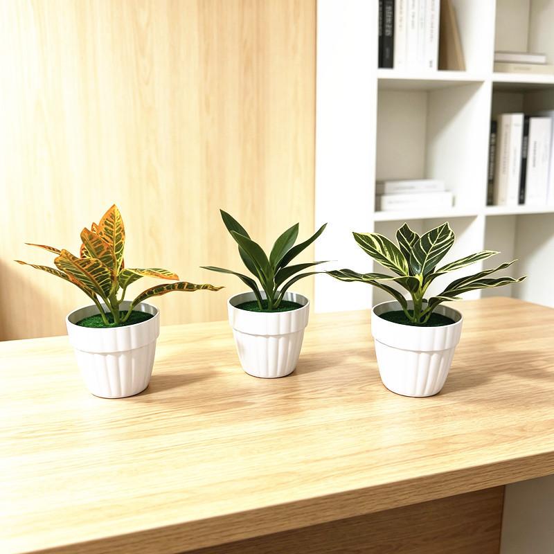 Artificial Small Green Plant Desktop Plant Pot With Wave Base For Office Decor And Home Living