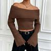 Womens Cropped Off-Shoulder Knit Sweater Slim Fit Long Sleeve Pullover In Acrylic - White Gray Brown