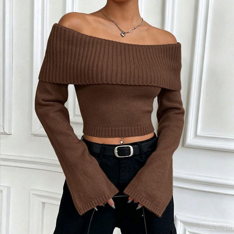 Womens Cropped Off-Shoulder Knit Sweater Slim Fit Long Sleeve Pullover In Acrylic - White Gray Brown