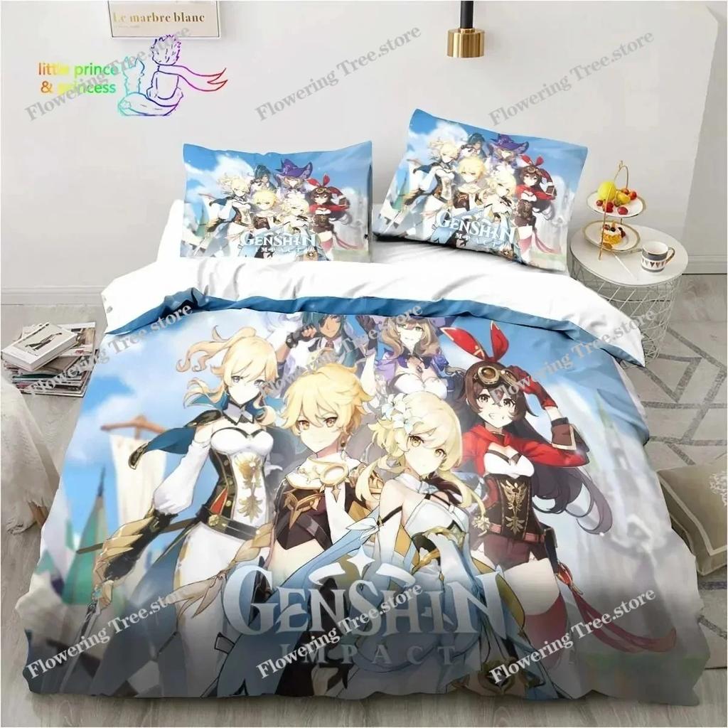 Genshin Impact Anime Printed Bedding Set Single Twin Full Queen King Size Bed Set Adult Kid Bedroom Bedding Gift
