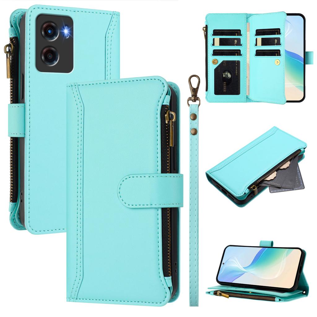 Pro Motorola Moto E15 4G/Motorola Moto G05 4G Kožené pouzdro 9 přihrádek na karty Peněženka na zip Stojánek Kryt na telefon s poutkem na zápěstí