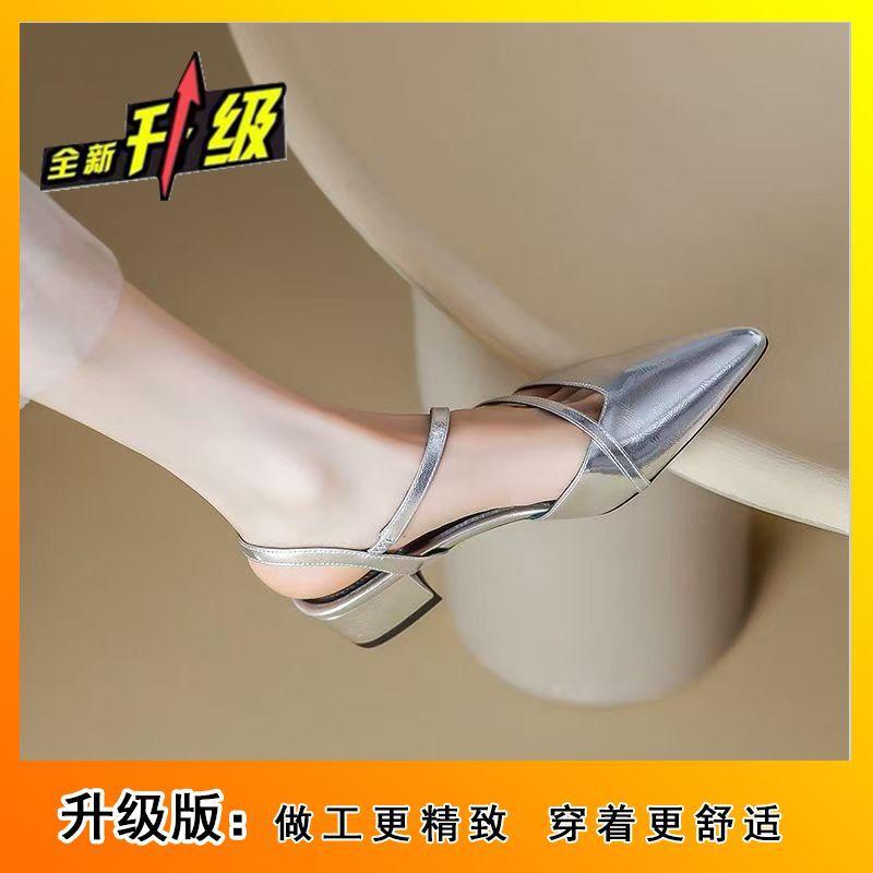 French silver medium heel hollow pointed sandals 2025 new retro versatile bag head light mouth thick heel empty shoes summer
