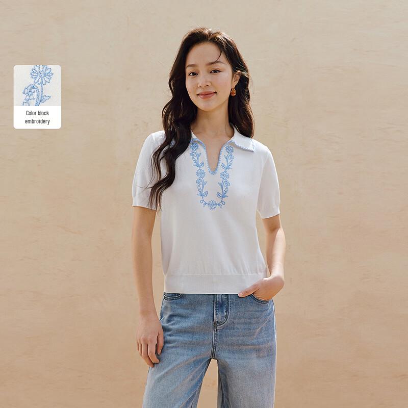 Женский вязаный топ INMAN с вышивкой, цветовыми блоками, V-образным вырезом и короткими рукавами из ледяного шелка M