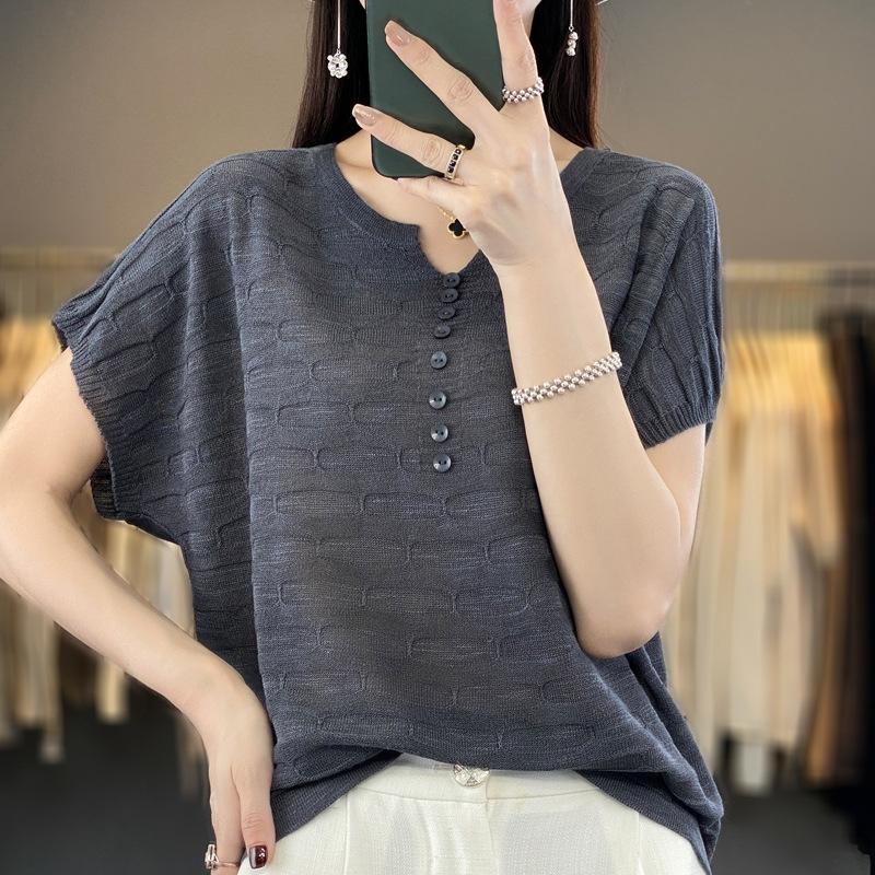 GMXIA Linen Ice Silk Top, Solid Color Knitted Sweater, Summer Slimming, Large Size, Round Neck, Thin Sheer Mesh
