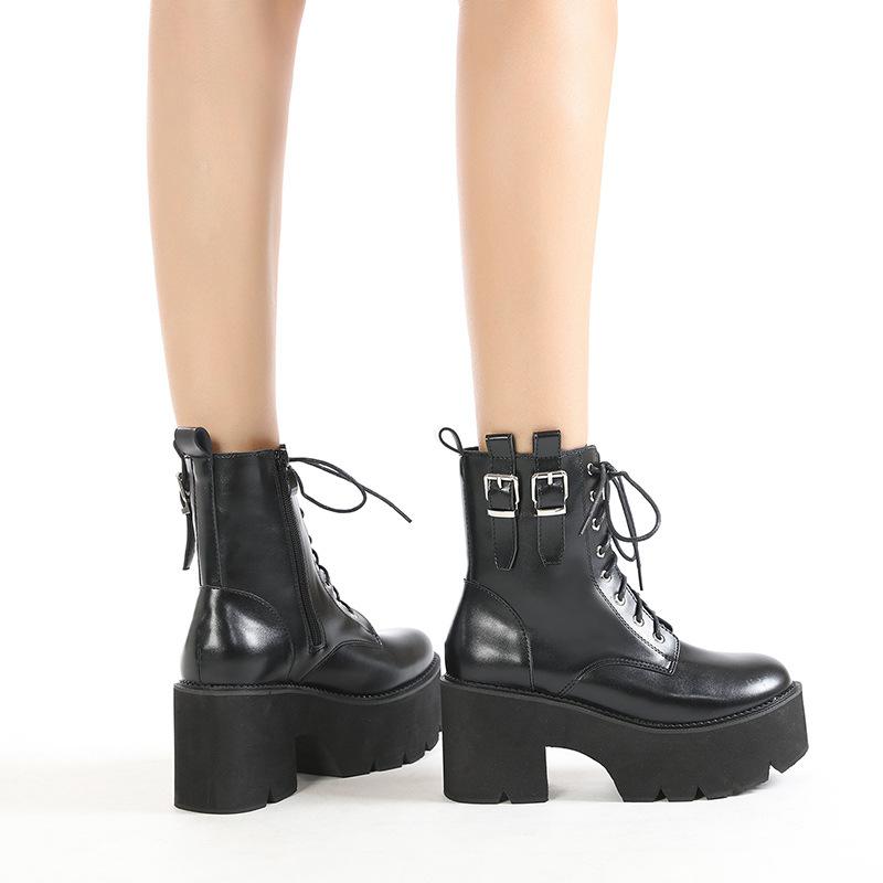 

Autumn and winter high-heeled large-size women s boots muffin thick-soled round-toed Martin boots front lace-up thick high-heeled women s boots 43 чорний