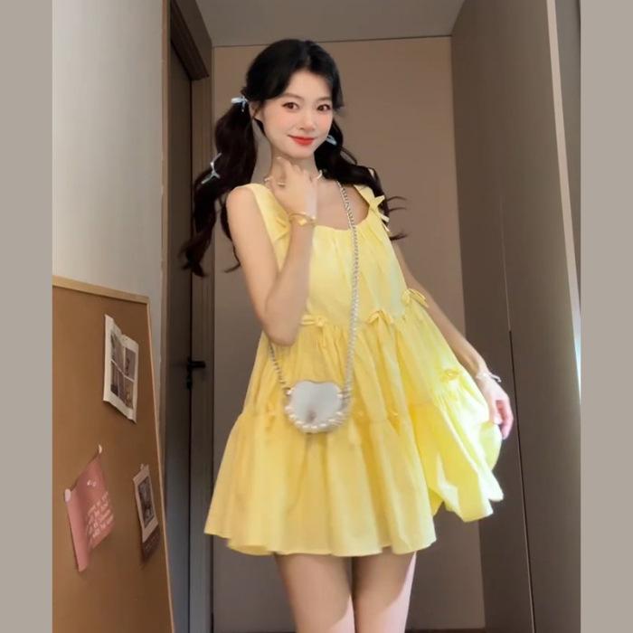 

Sweet bow yellow vest suspender dress women s summer new loose puffy skirt L жовтий