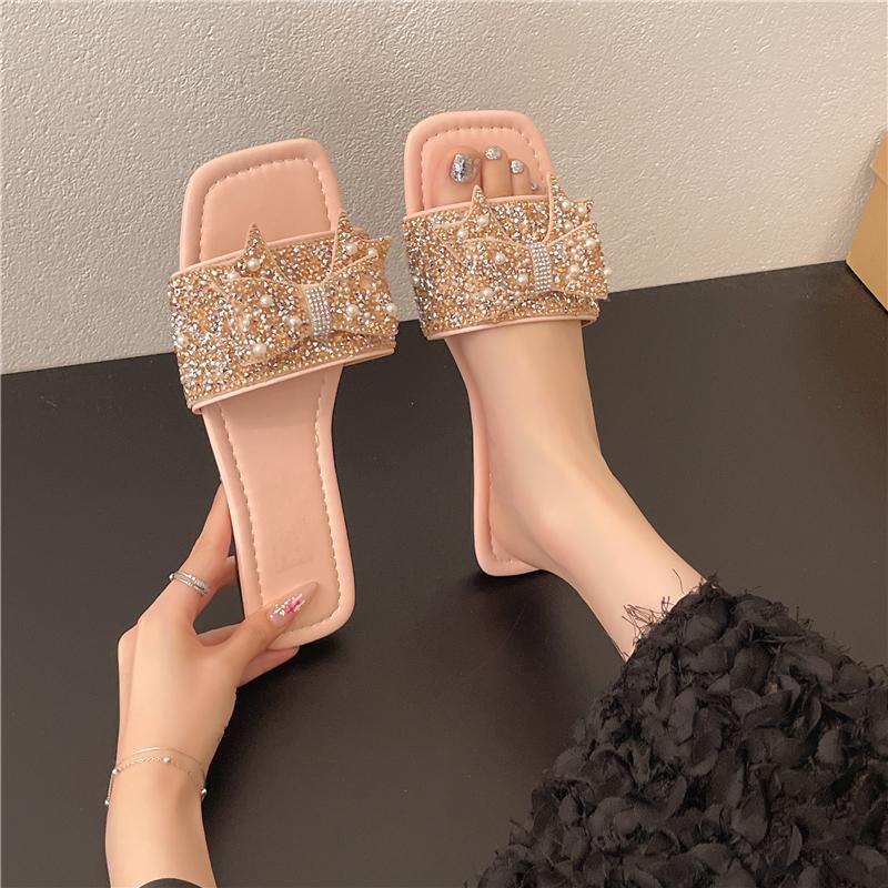 Fashion Plus Size Slippers Summer Slip Out Women's New Square Toe Open Toe Rhinestone Bow Non-Slip Soft Sole Flats