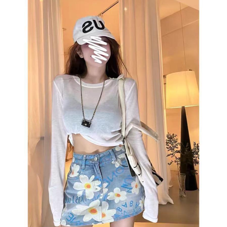 

Women s Daisy Print High-Waist Denim Skirt - Slim Fit A-line Midi XL