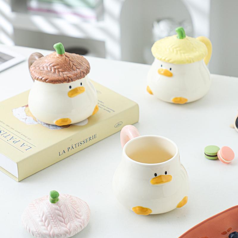 Ceramic Mug with Lid Cute Cartoon Hat Duck Mug Household Coffee Cup Breakfast Milk Cup Beautiful Water Cup