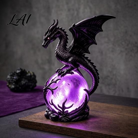 Fantasy Collection Item Gothic Dragon Night Light Resin Statue with Purple Glowing Crystal Unique Holiday Gift for Lovers Sphere Table Lamp