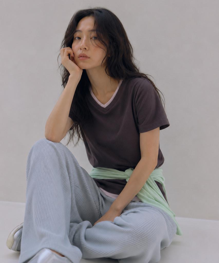 Sayu Soft Waffle Curved Elastic Waist Pants Light Blue