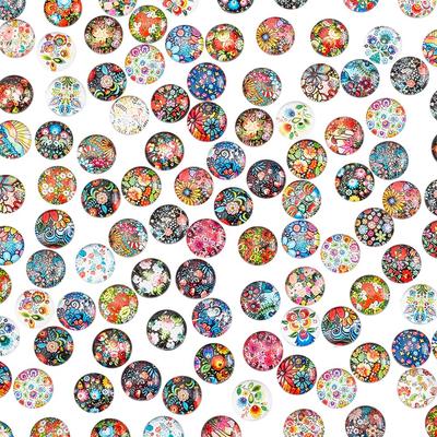 PH PandaHall Set of About 100 Cabochons 12mm Floral Pattern Rainbow Color Glass Cabochon Round Beads Mixed Circular Magnifying Lens Effect Accessory
