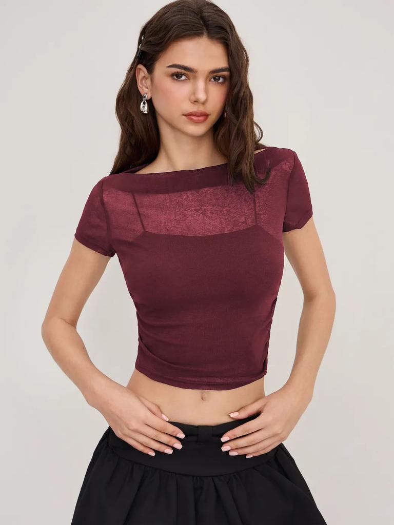 Pure desire wind one-word shoulder mesh short-sleeved top women's summer inner with suspenders, thin versatile short top Spice girl suit