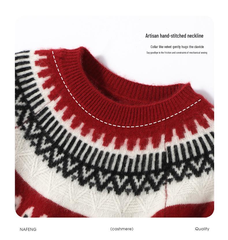 Artistic Retro Fair Isle Cashmere Sweater: 2025 Autumn/Winter Collection, Round Neck, Thick Knitwear, Loose Fit Fashion Base Layer